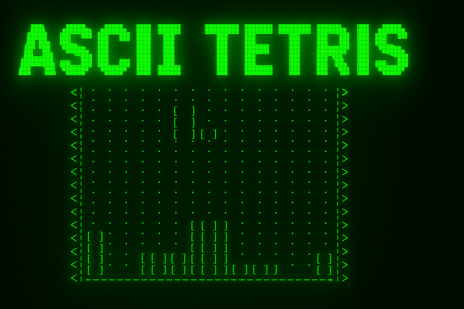 ASCII Tetris running in a browser, with a glowing green phosphor playfield made of bracket characters