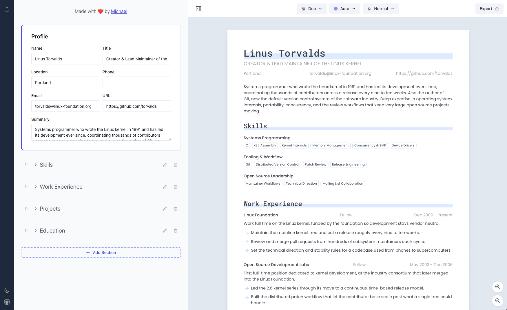 The Resume Builder editor panel on the left and the live PDF preview on the right